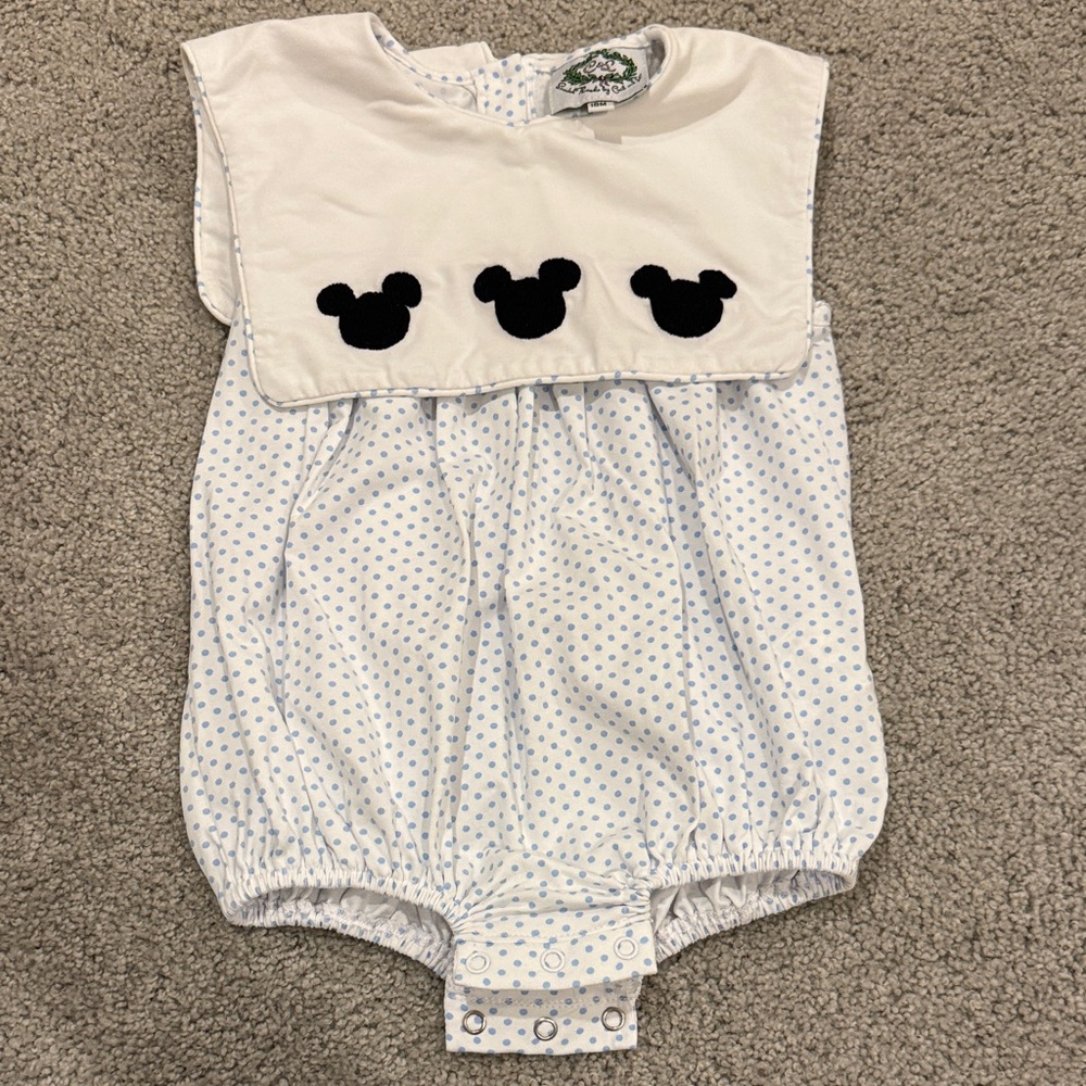Classic White & Blue Polka Dot Baby One-Piece with Navy Appliqué